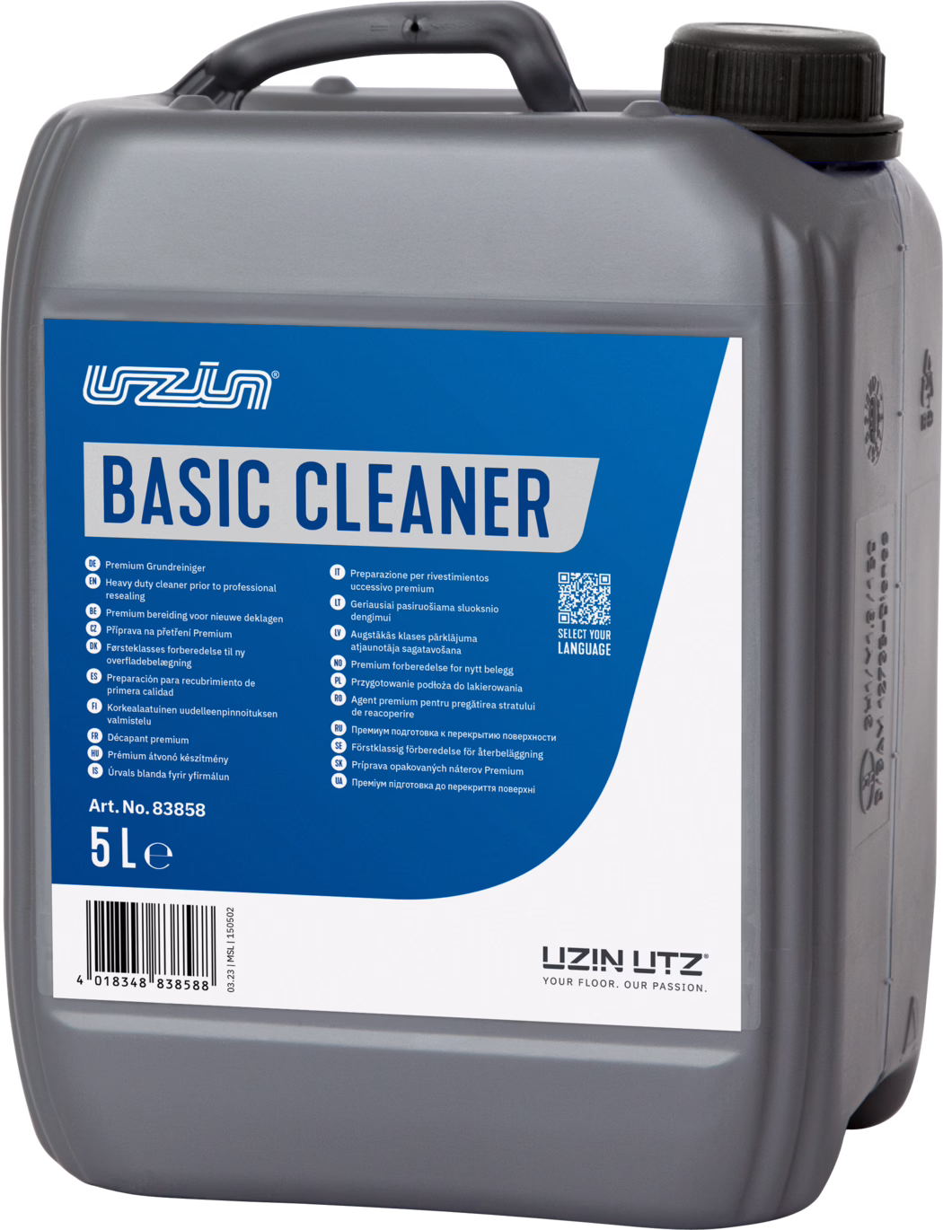 UZIN_Dummy_Basic Cleaner-5l_2023-12 Närbild av en grå 5‑liters plastdunk med blått och vitt etikett där det står "BASIC CLEANER". Ovan finns ett integrerat handtag och ett svart skruvlock. Etiketten visar flerspråkig produktinformation, en QR‑kod, artikelnummer (Art. No. 83858) och en streckkod; längst ner syns märkeslogotypen "UZIN UTZ". Plastytan har formade detaljer och måttmarkeringar. Bilden är välbelyst mot en ljus bakgrund och visar fronten och höger sida av behållaren.