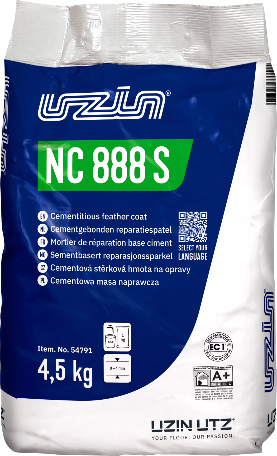 Foto på en 4,5 kg-påse UZIN NC 888 S, ett cementbaserat spackel (cementitious feather coat). Förpackningen är blå och vit med en grön NC 888 S-etikett och UZIN-logotyp högst upp. Synlig text: produktnamn, flerspråkiga beskrivningar, QR‑kod 'Select your language', artikelnummer 54791, blandningssymbol (ca 0,5 l vatten per 1 kg), rekommenderad appliceringstjocklek 0–4 mm, låg‑emissionscertifiering EC1 Plus och A+-märkning. Användning: cementbaserat reparations- och utjämningsbruk för golv. Vikt '4,5 kg' syns tydligt. Förpackningen visar veck och en streckkod på höger kant.