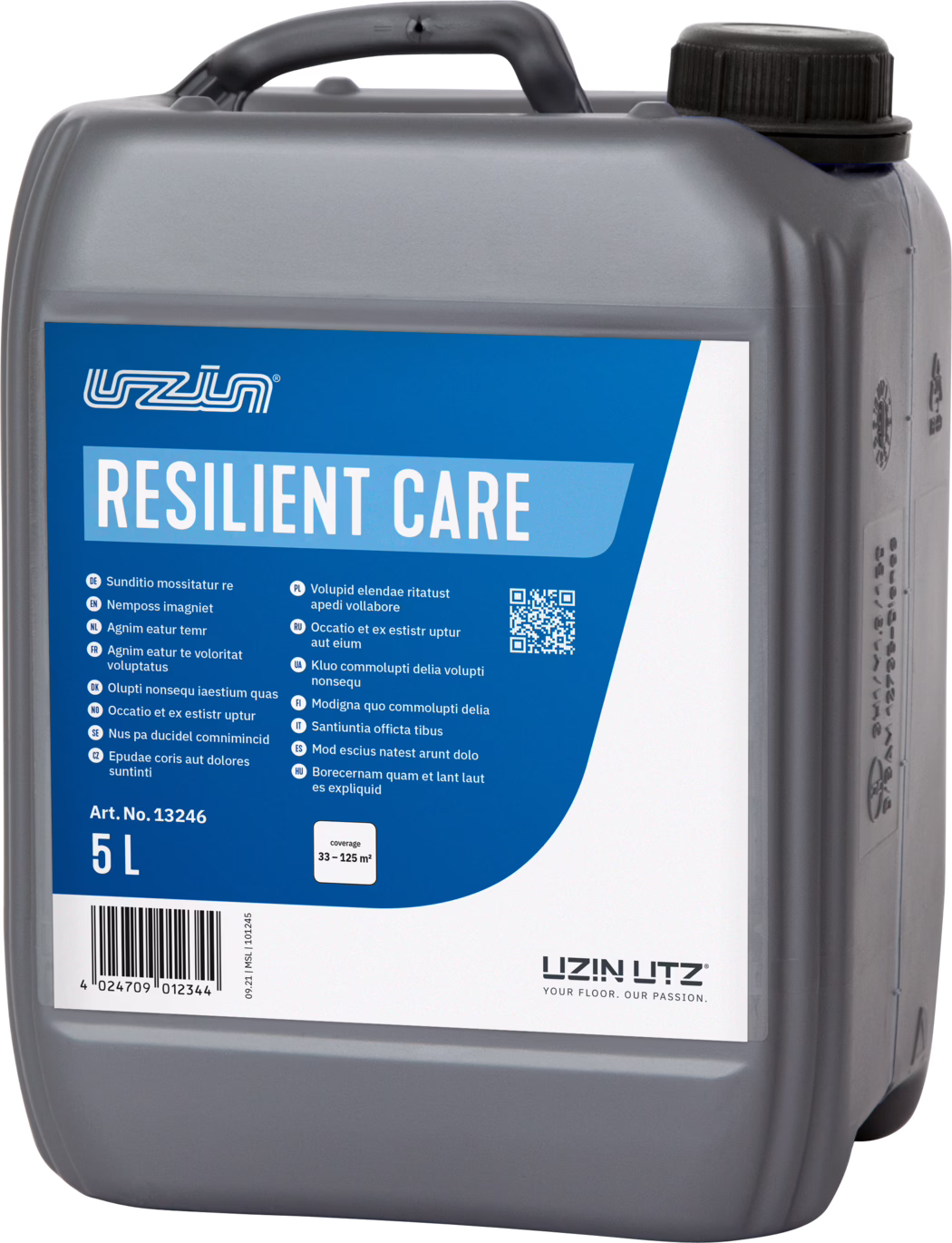 UZIN_Dummy_Resilient Care-5l_INT_2022-01 Grå plastdunk på 5 liter med integrerat handtag och svart skruvkork. Framsida med blått och vitt etikett med texten 'RESILIENT CARE', liten flerspråkig produkttext, QR-kod, streckkod och angivelsen '5 L'. 'UZIN UTZ' logotypen längst ner. Behållaren har formgjutna detaljer och är fotograferad mot vit bakgrund.